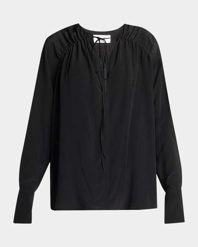 Gathered Tie Long-Sleeve Silk Blouse